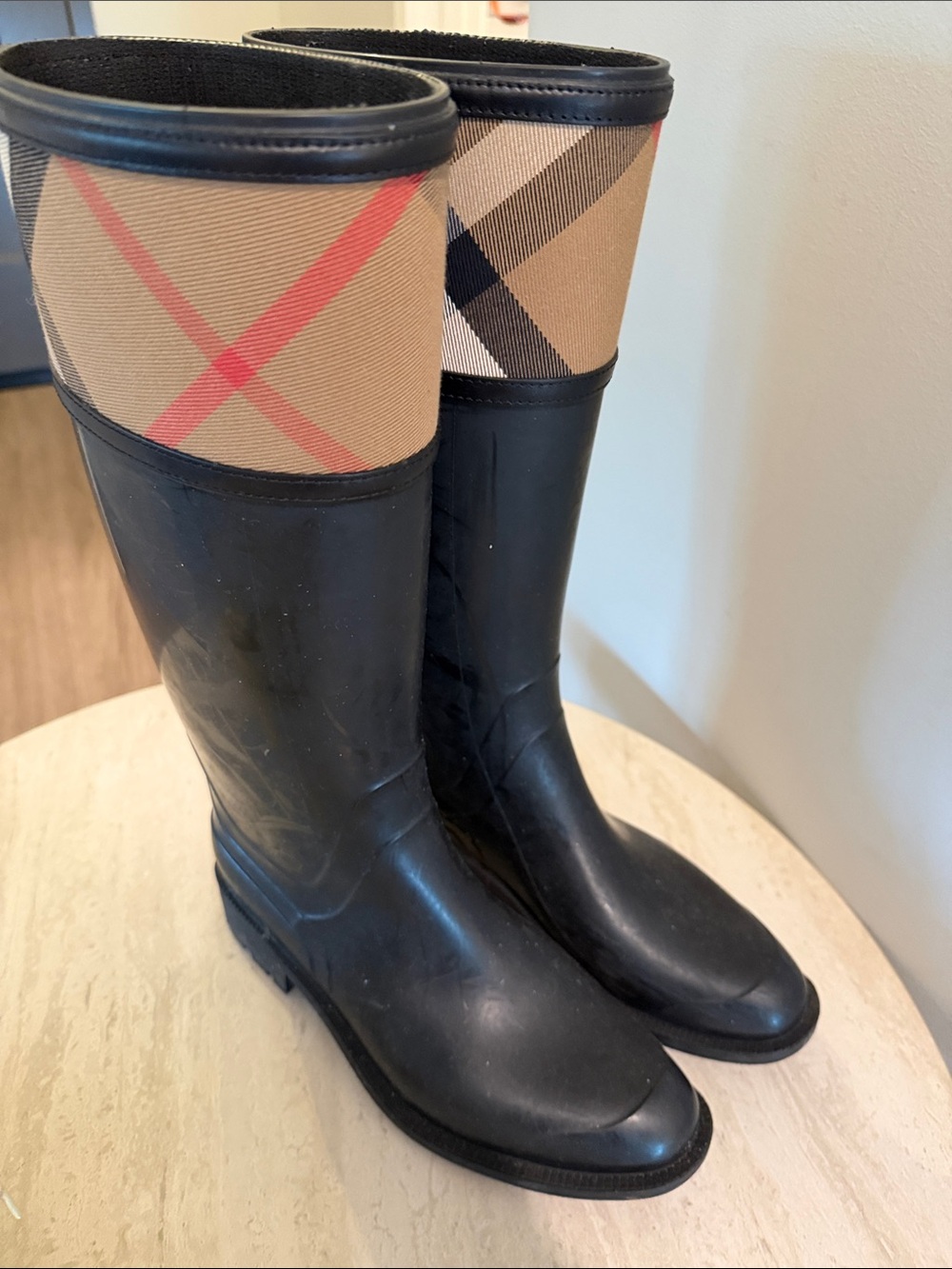 Classic Plaid-Trim Tall Rain Boots in Black and Beige